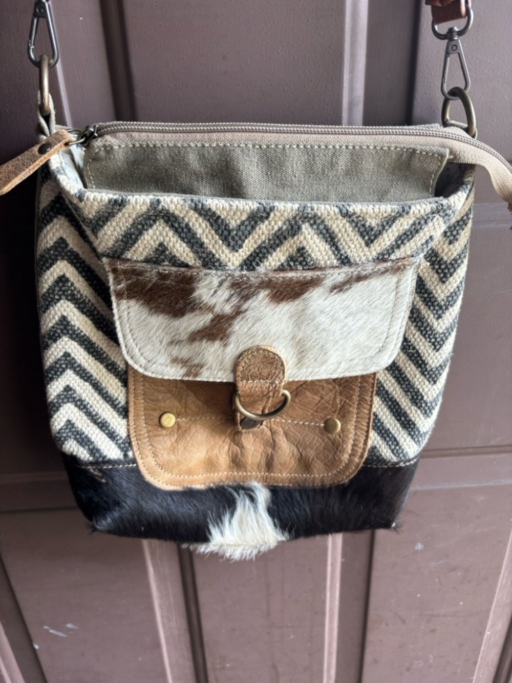 Myra Bag Chevron Cowhide & Leather Crossbody Bag - Neutral NEW